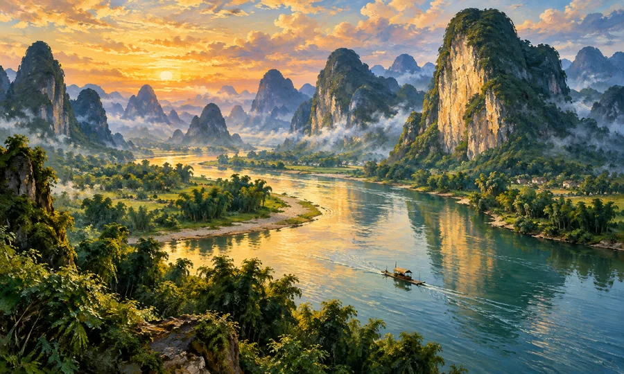 Oil painting inspired by Guilin and the Li River