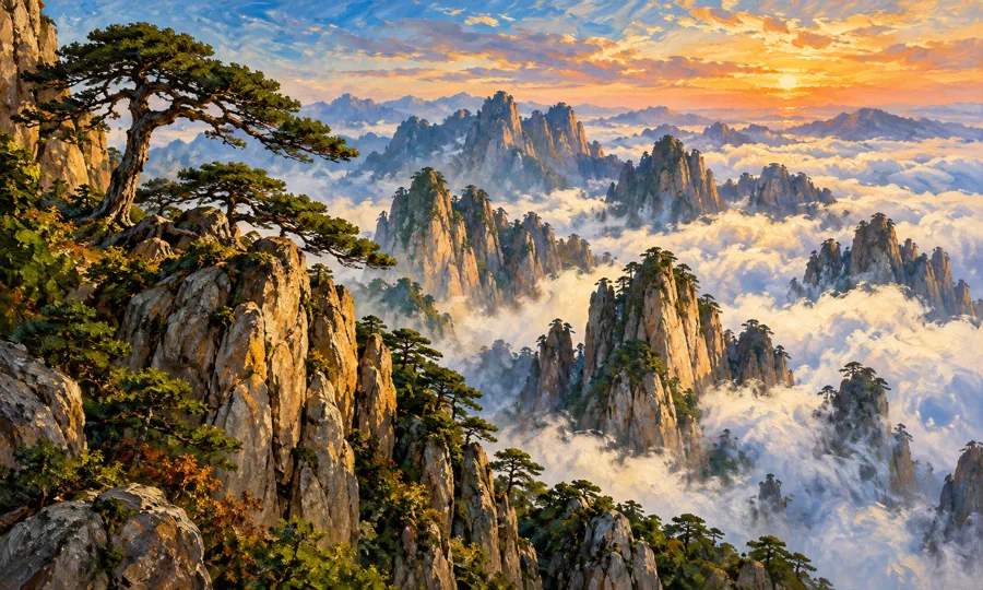 Oil painting inspired by Mount Huangshan Tour
