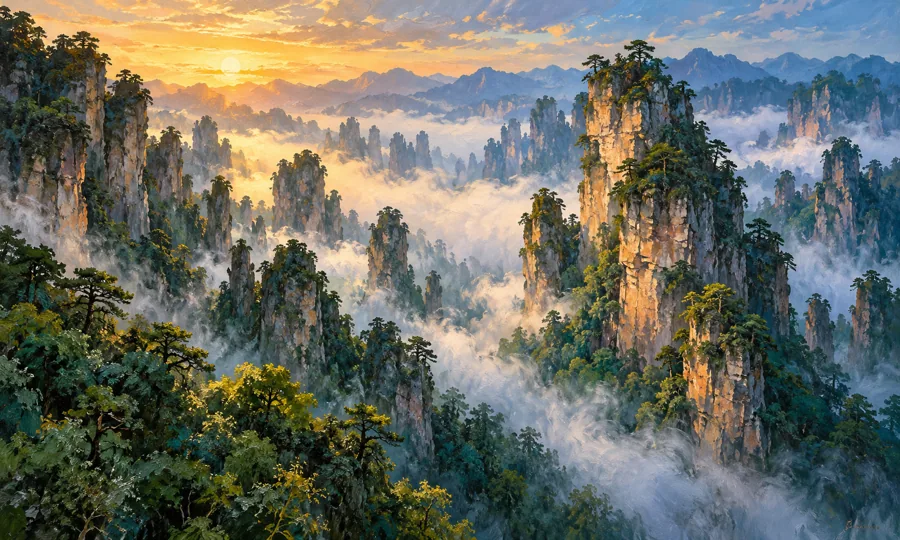 Oil painting inspired by the sandstone peaks of Zhangjiajie