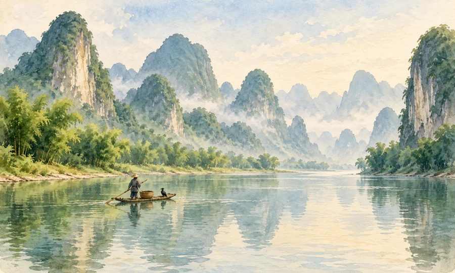 Watercolor illustration inspired by Guilin-Yangshuo-Rafting