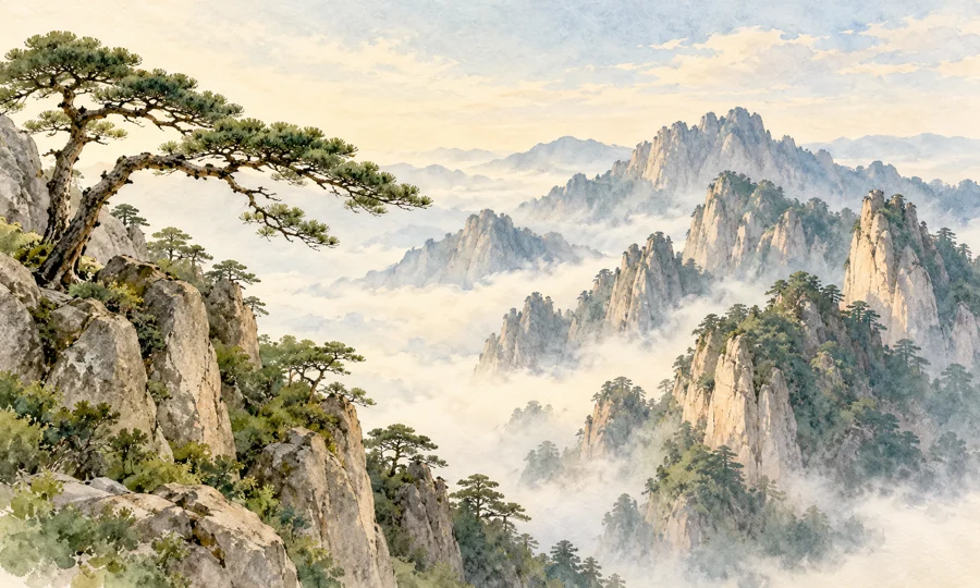 Watercolor illustration inspired by Mount Huangshan Tour