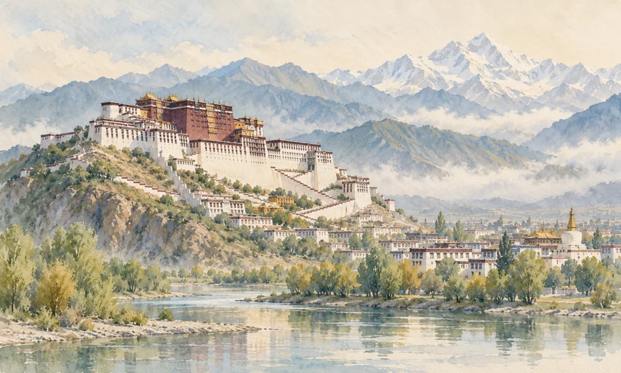 Watercolor illustration inspired by Tibet-Mt-Everest-tours