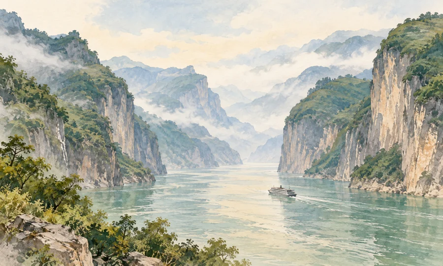 Watercolor illustration inspired by Three Gorges Cruise