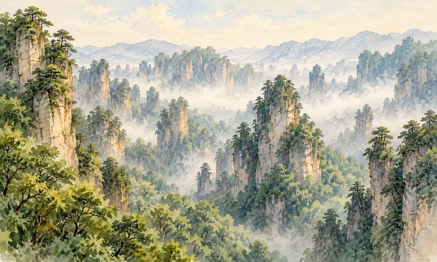 Watercolor illustration inspired by Avatar-Zhangjiajie-tour