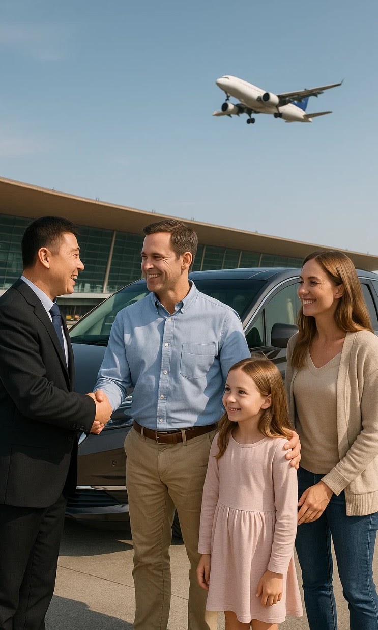 Airport driver greeting an arriving family